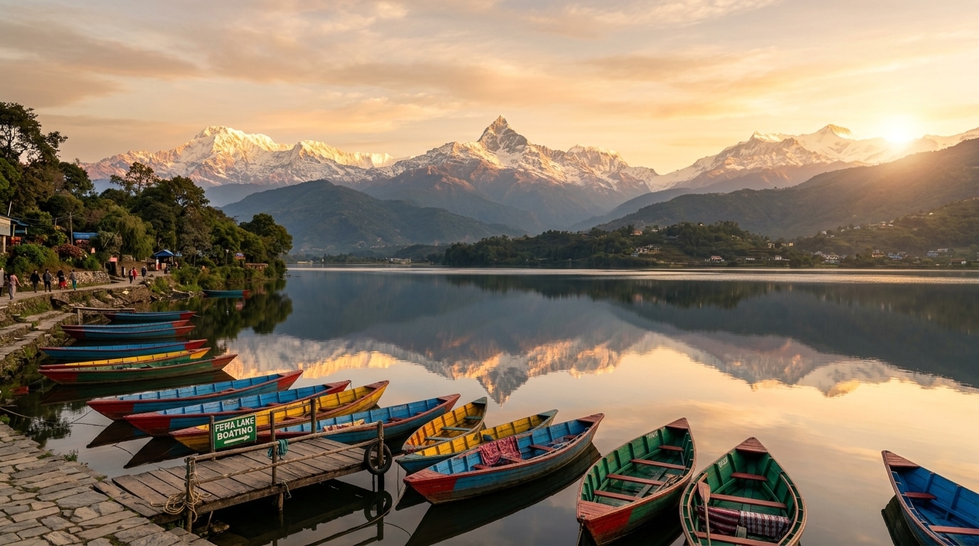 Sunrise over Phewa Lake in Pokhara with colorful boats and Fishtail mountain reflection